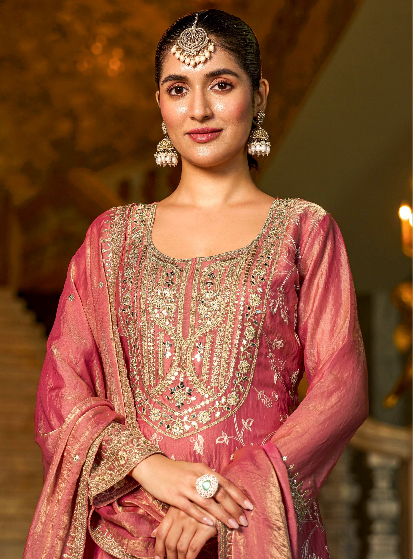 Rose Gold Embroidered Festive Suit Set