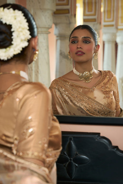 Golden Beige Embroidered Designer Saree