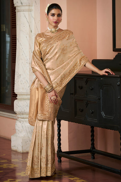 Golden Beige Embroidered Designer Saree