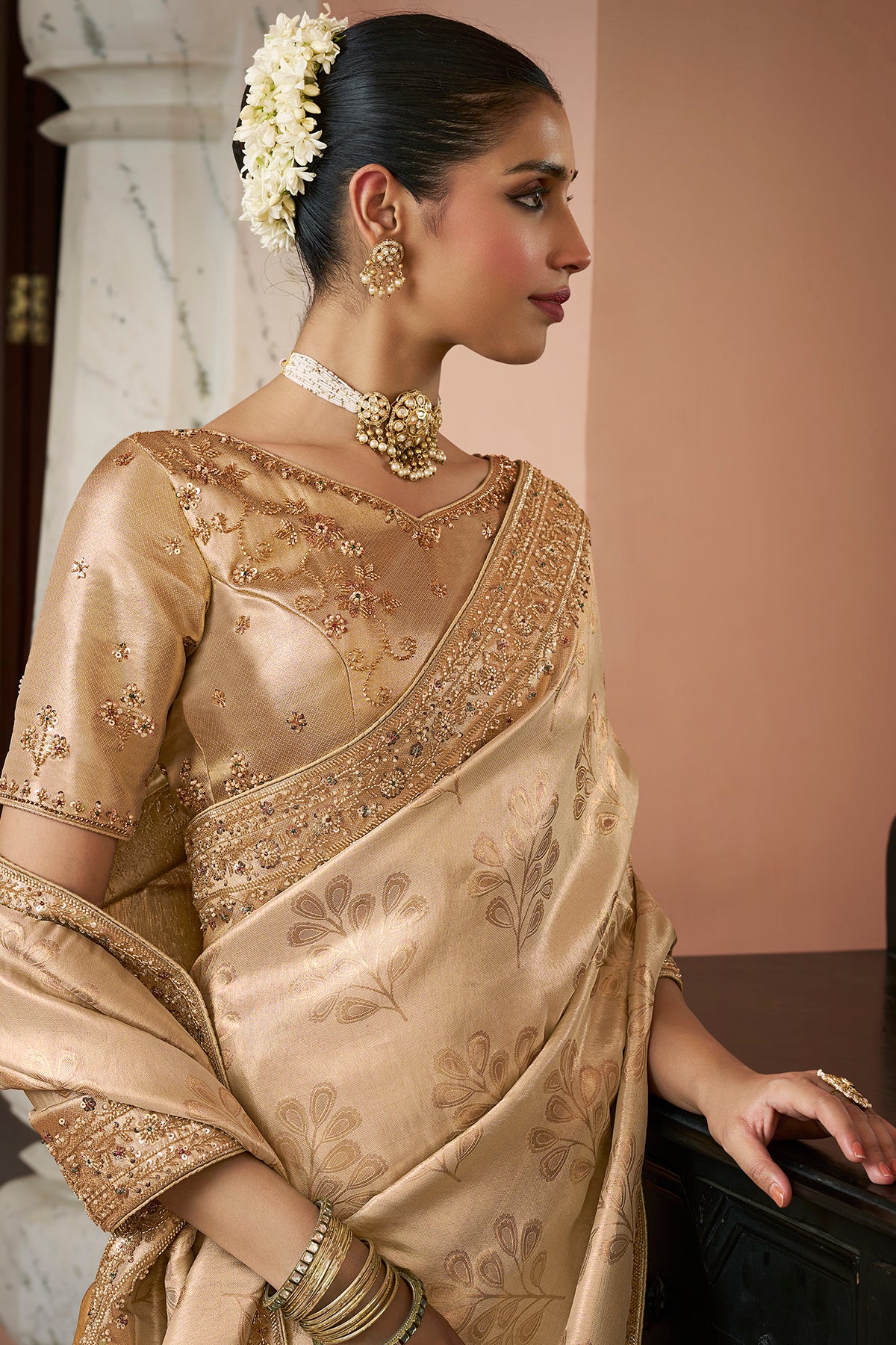 Golden Beige Embroidered Designer Saree