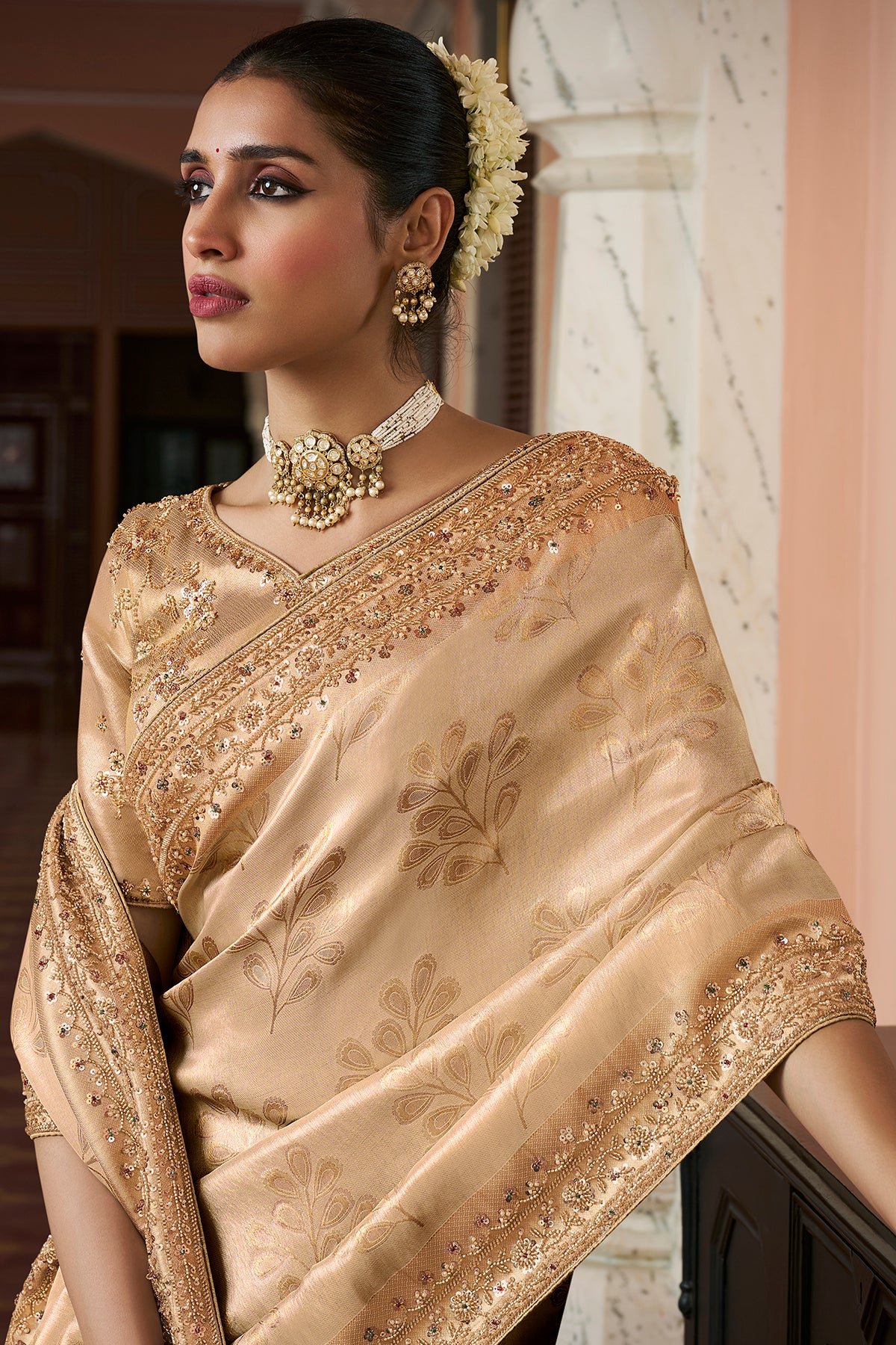Golden Beige Embroidered Designer Saree