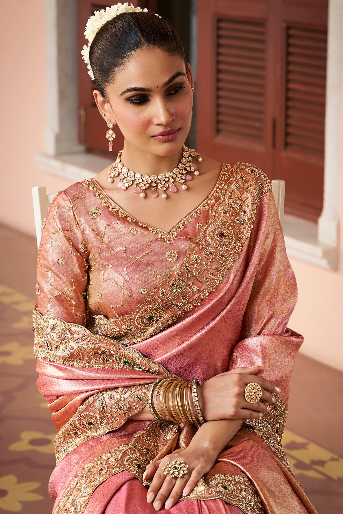Rose Pink Embroidered Designer Saree