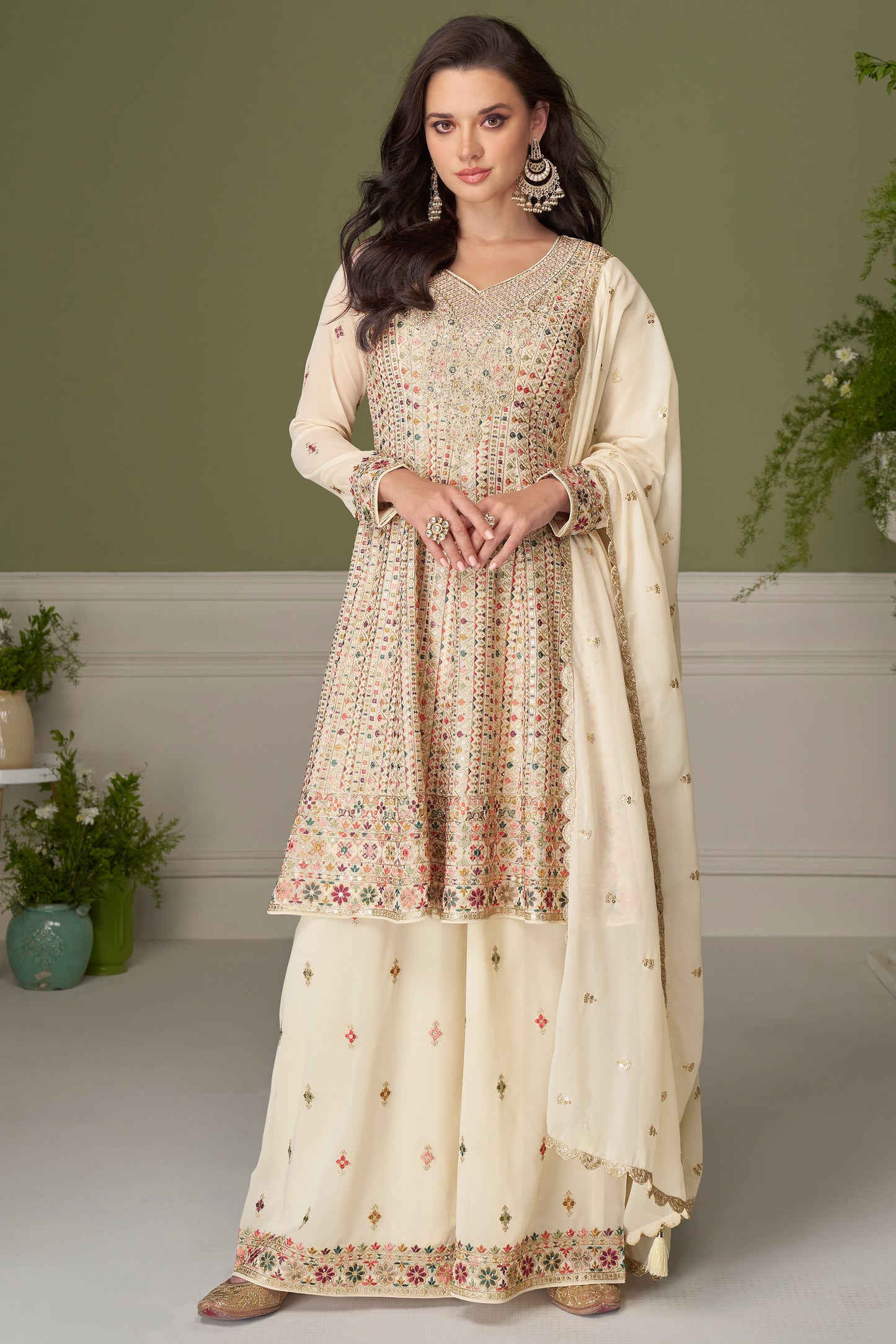 Cream Palazzo Suit with Multicolor Embroidery
