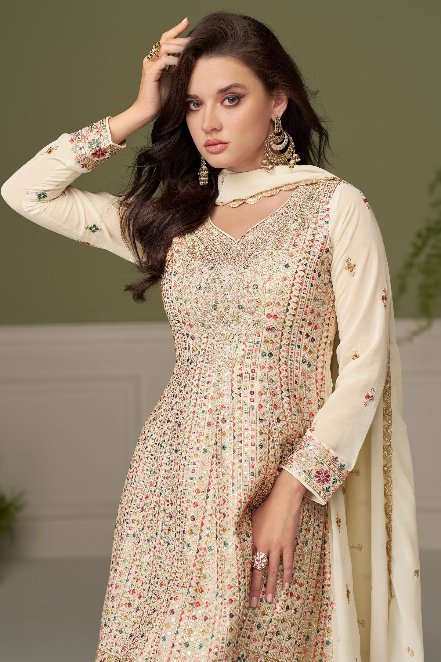 Cream Palazzo Suit with Multicolor Embroidery