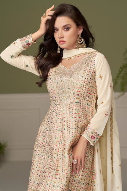 Cream Palazzo Suit with Multicolor Embroidery