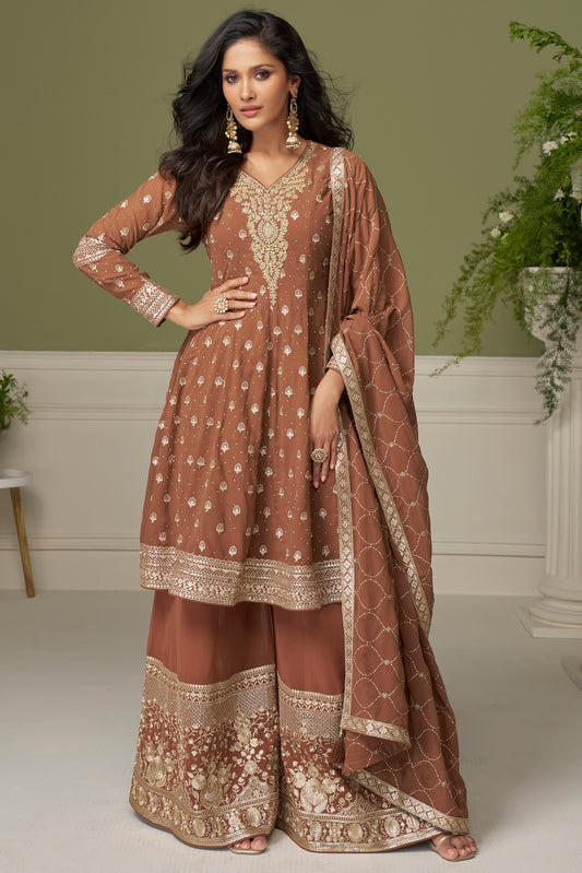 Brown Palazzo Suit with Embroidered Work