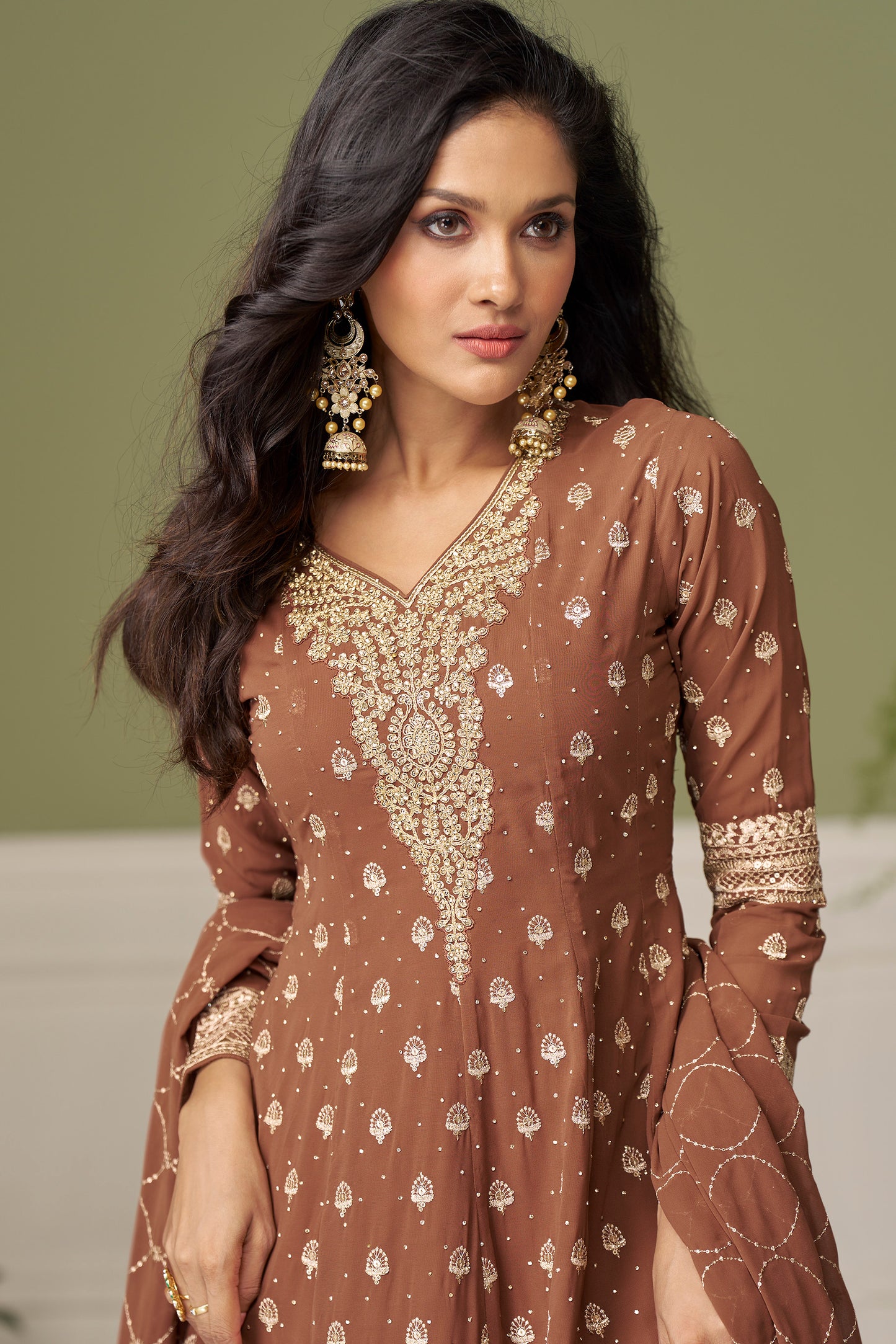 Brown Palazzo Suit with Embroidered Work