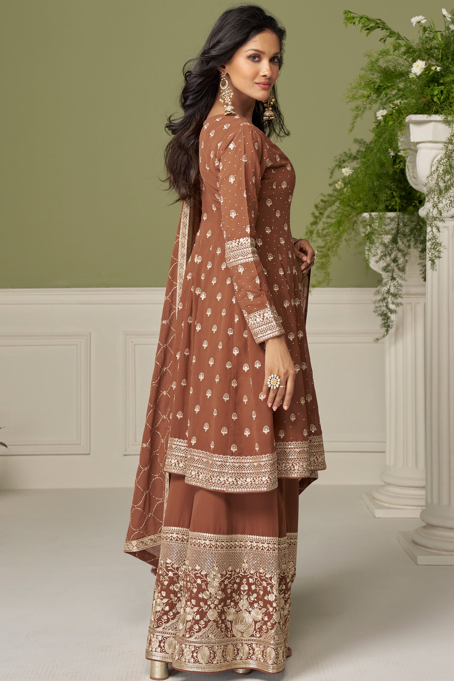 Brown Palazzo Suit with Embroidered Work