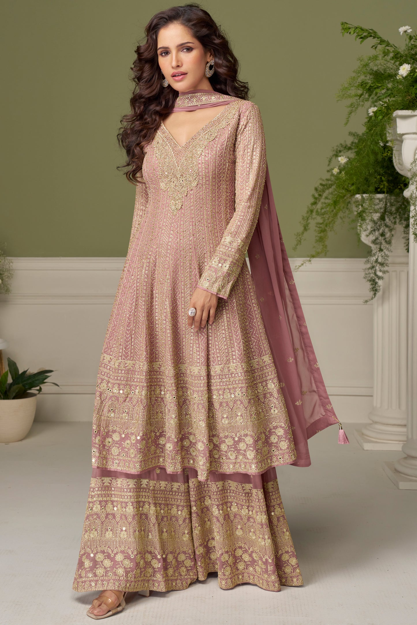 Pink Palazzo Suit with Embroidered Gold Work