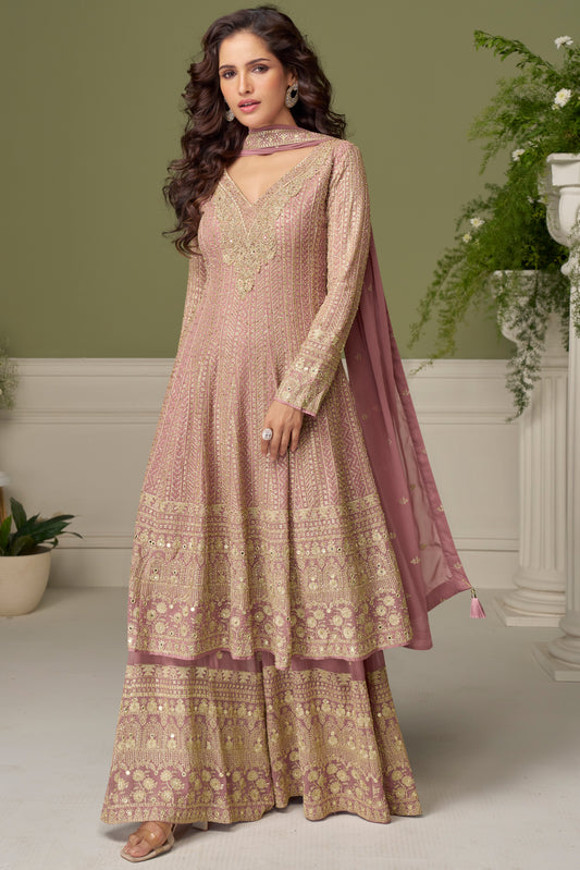 Pink Palazzo Suit with Embroidered Gold Work