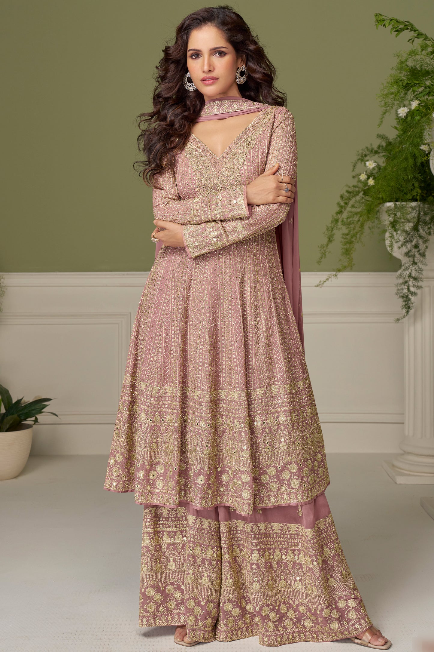 Pink Palazzo Suit with Embroidered Gold Work