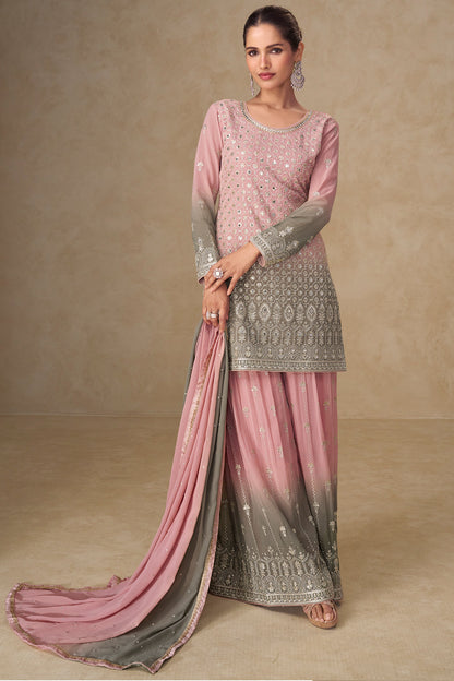 Pink & Olive Grey Embroidered Suit with Dupatta