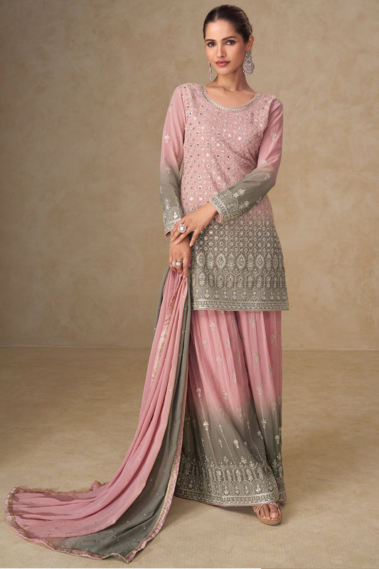 Pink & Olive Grey Embroidered Suit with Dupatta