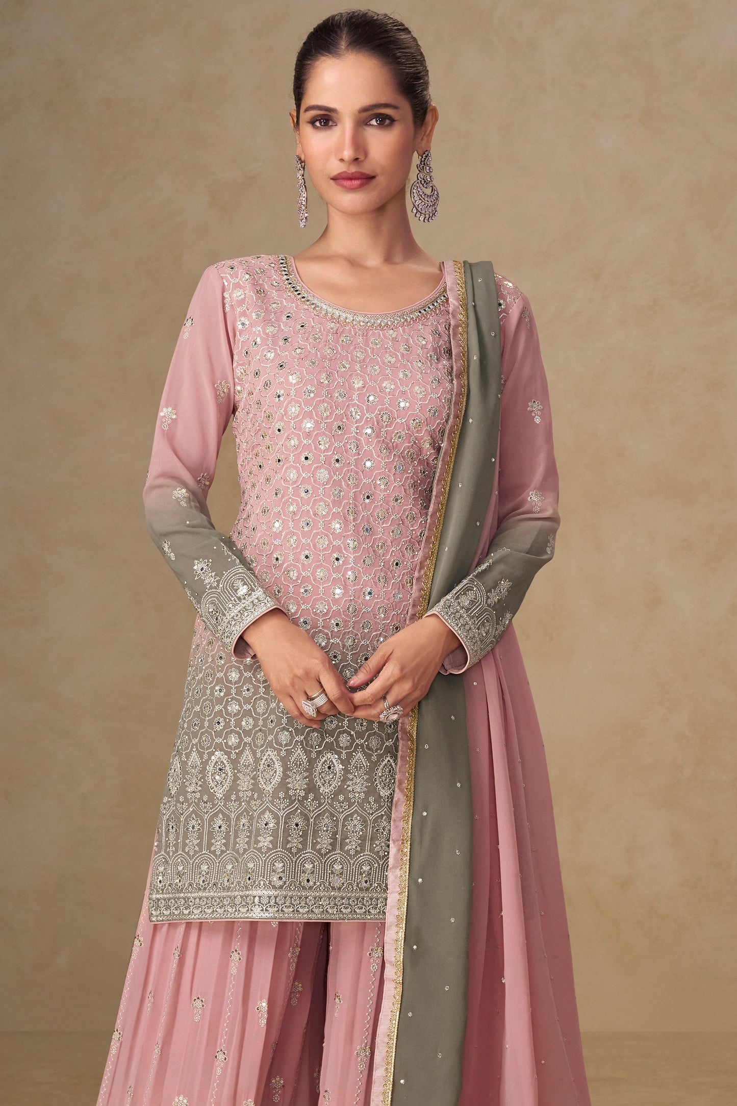 Pink & Olive Grey Embroidered Suit with Dupatta