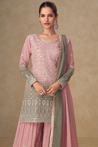Pink & Olive Grey Embroidered Suit with Dupatta