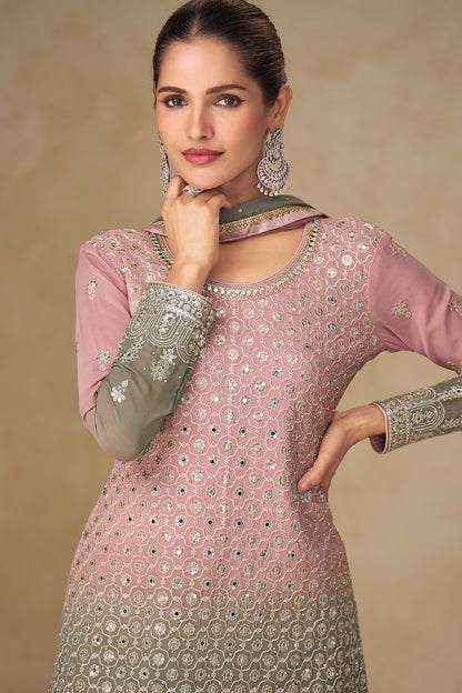 Pink & Olive Grey Embroidered Suit with Dupatta