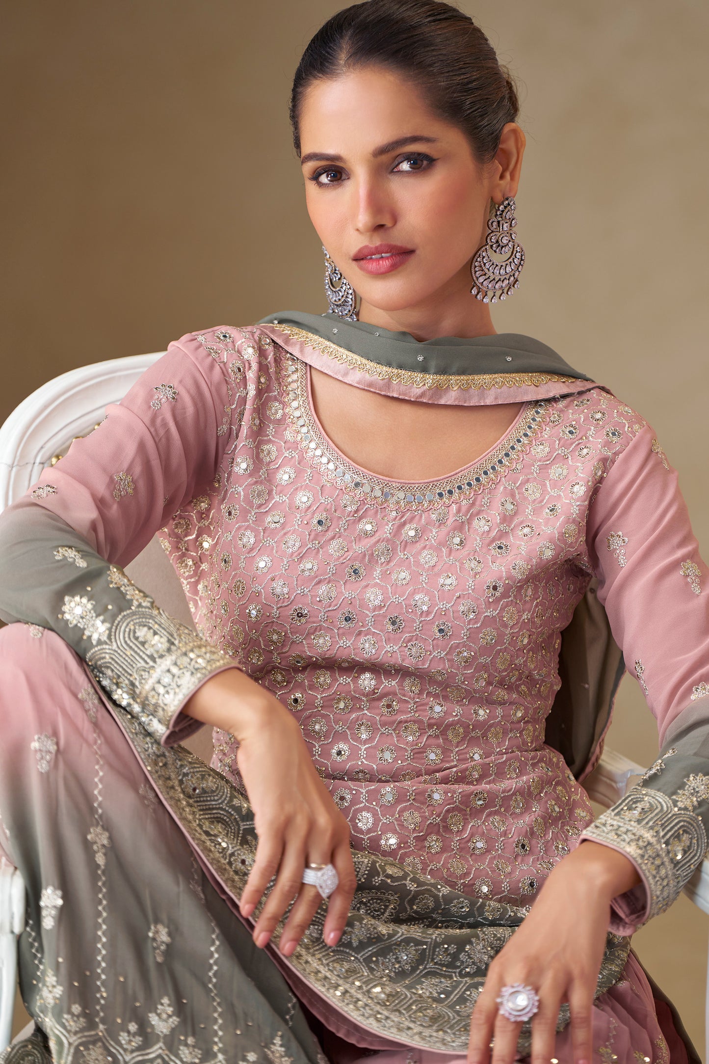 Pink & Olive Grey Embroidered Suit with Dupatta