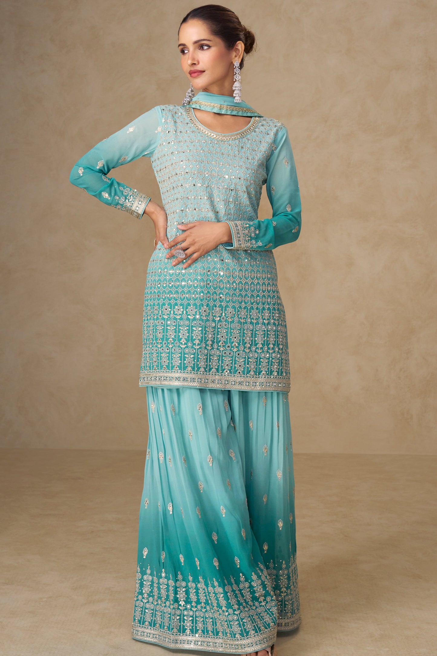 Blue Embroidered Sharara Suit with Dupatta
