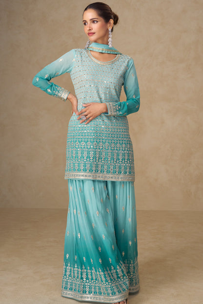 Blue Embroidered Sharara Suit with Dupatta