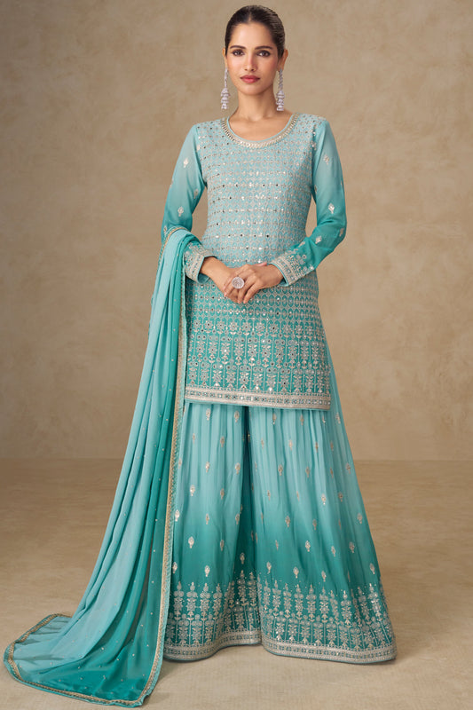 Blue Embroidered Sharara Suit with Dupatta