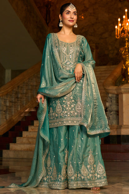 Green Heavy Embroidered Kurta Sharara Set with Mirror Work