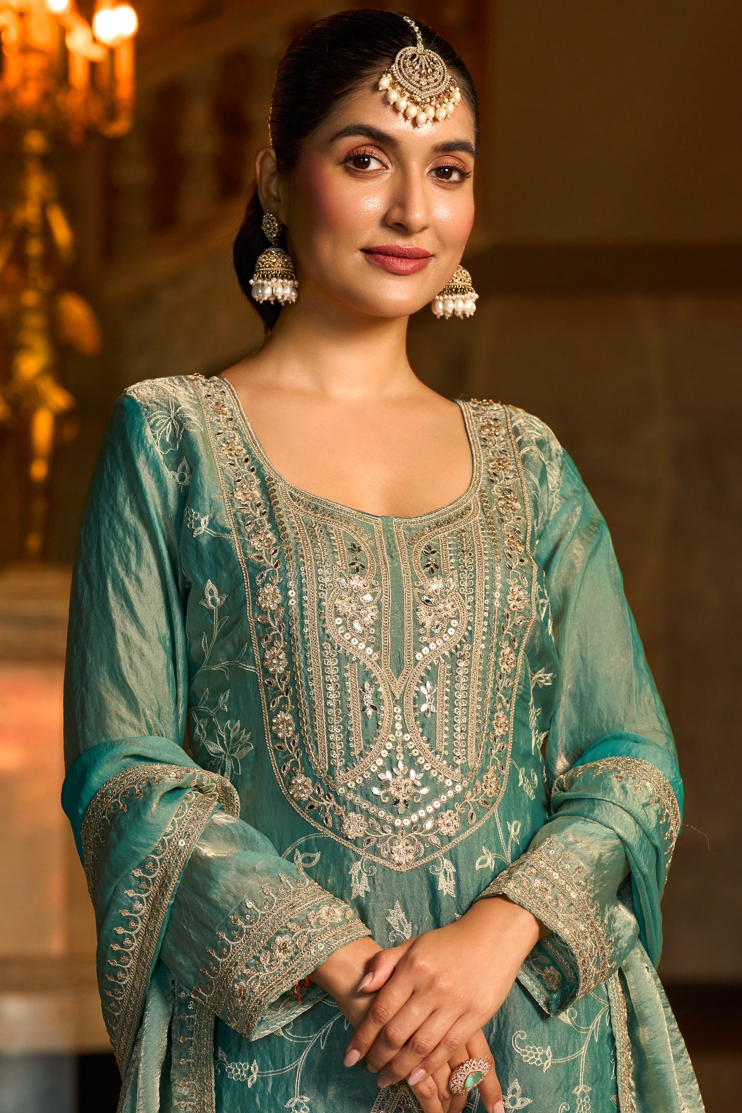 Green Heavy Embroidered Kurta Sharara Set with Mirror Work