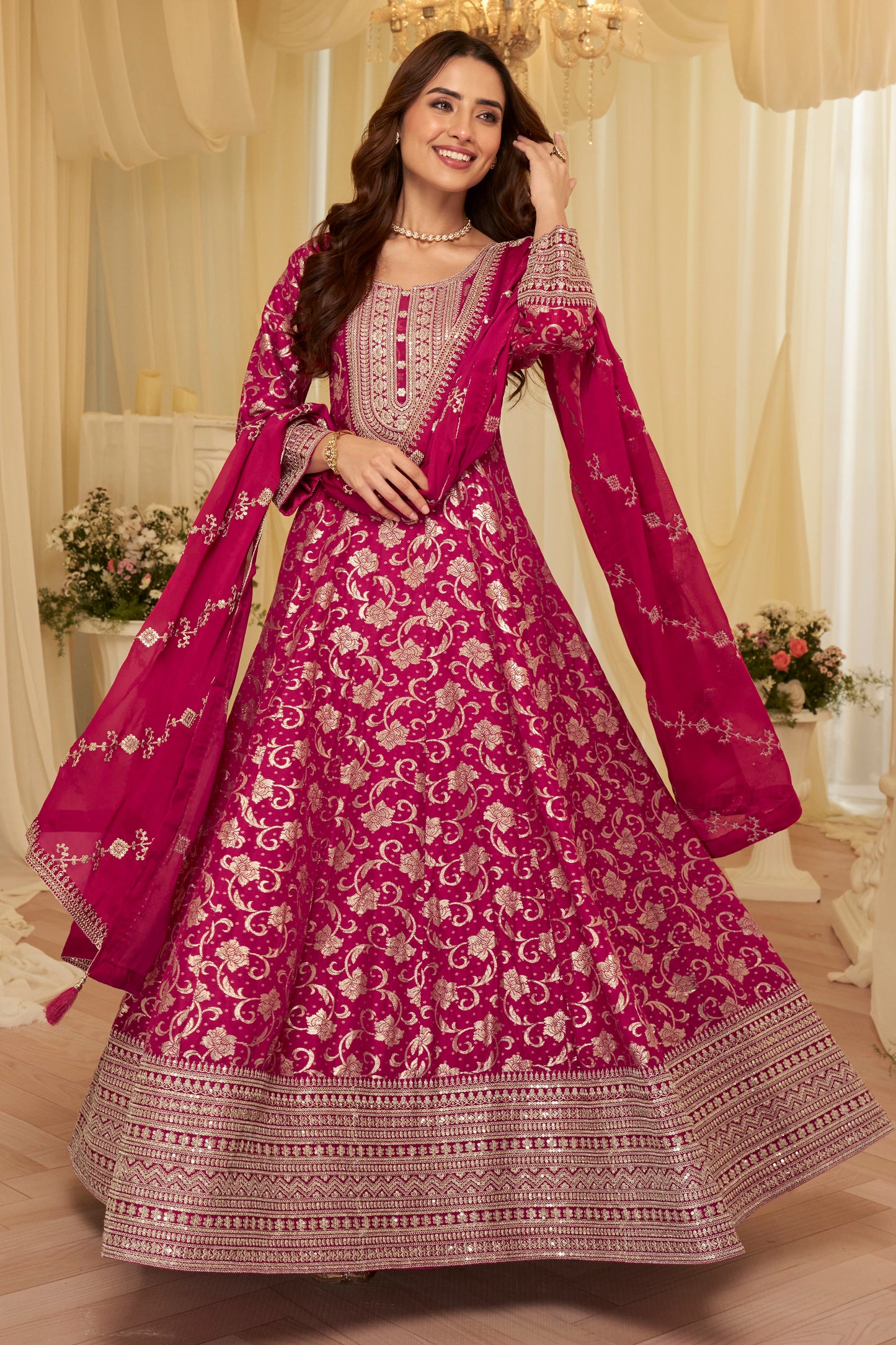 Rani Pink Embroidered Anarkali Set with Dupatta