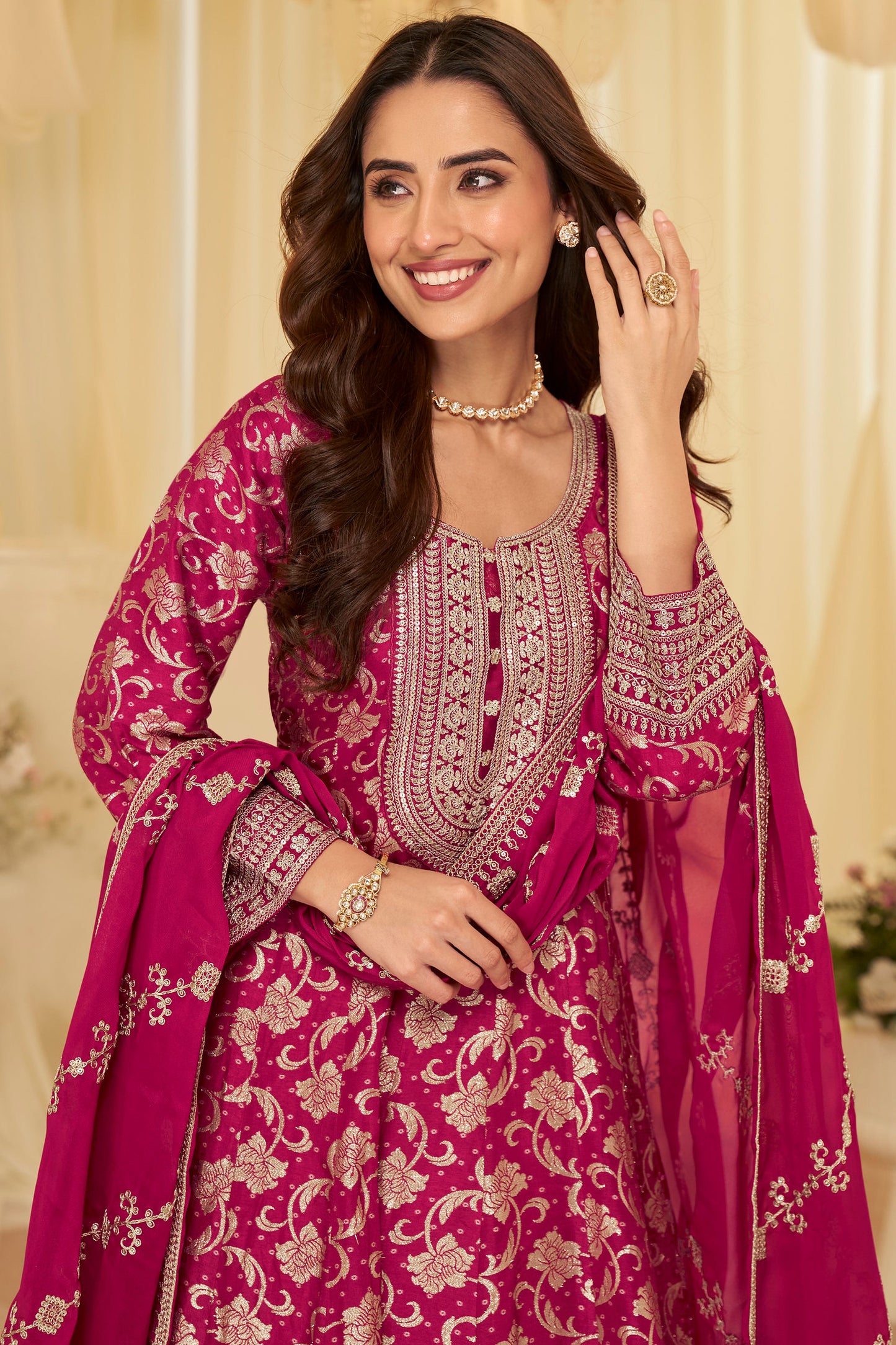 Rani Pink Embroidered Anarkali Set with Dupatta
