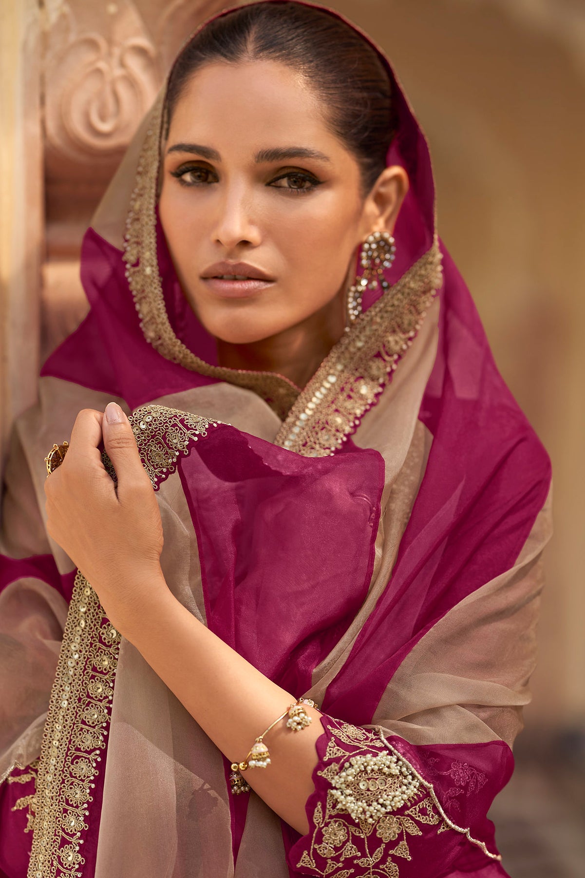Wine Embroidered Sharara Suit