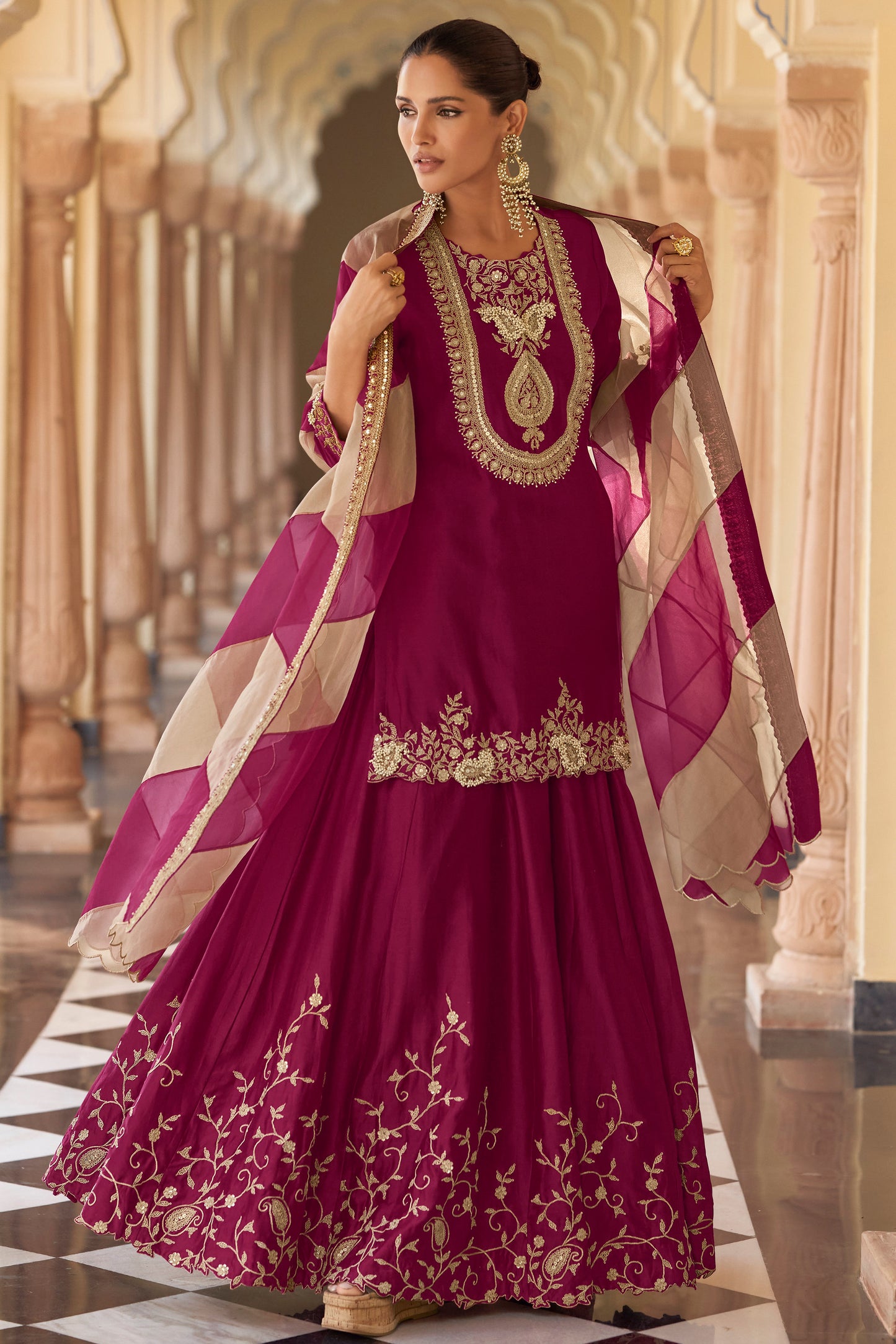 Wine Embroidered Sharara Suit