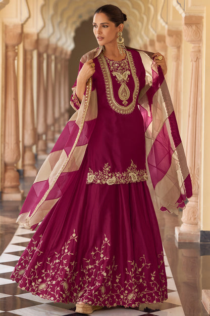 Wine Embroidered Sharara Suit