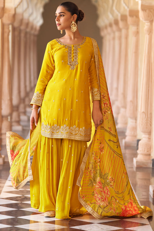 Mustard Yellow Embroidered Kurta Sharara Set