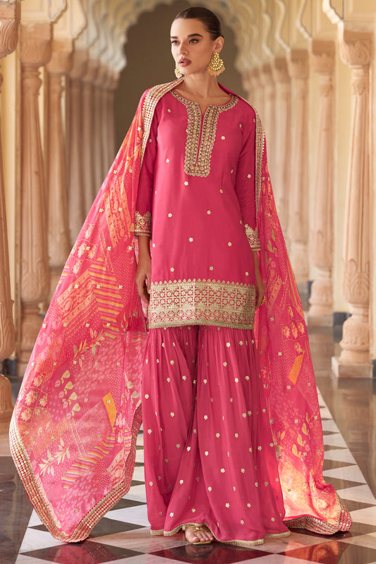 Rose Pink Embroidered Kurta Sharara Set