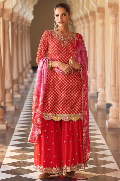 Embroidered Red Sharara Suit