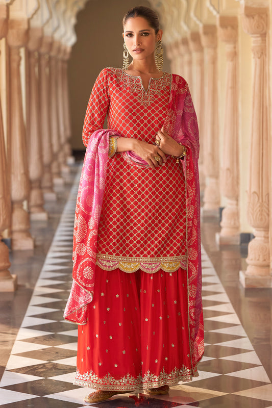 Red Embroidered Kurta Sharara Set