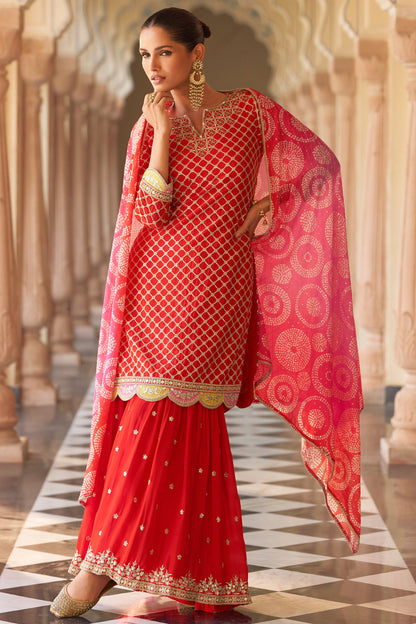 Embroidered Red Sharara Suit