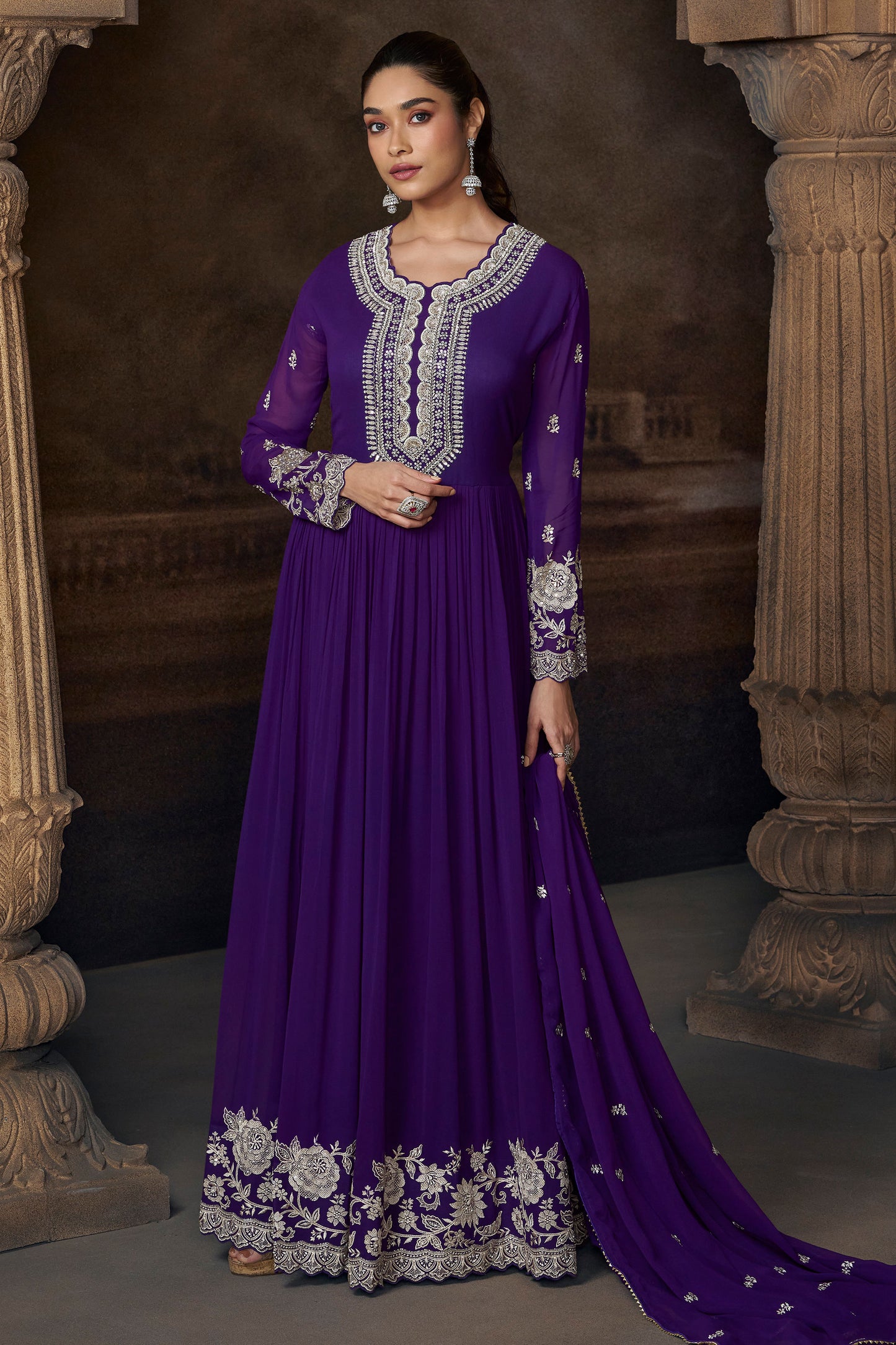 Royal Purple Silver Embroidered Anarkali Suit