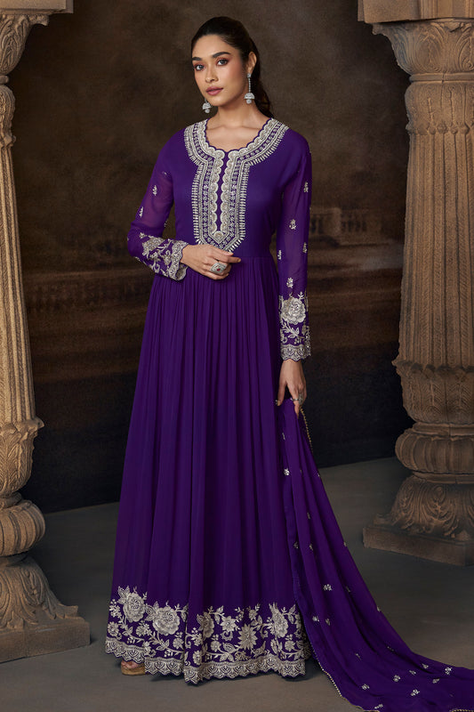Royal Purple Silver Embroidered Anarkali Suit