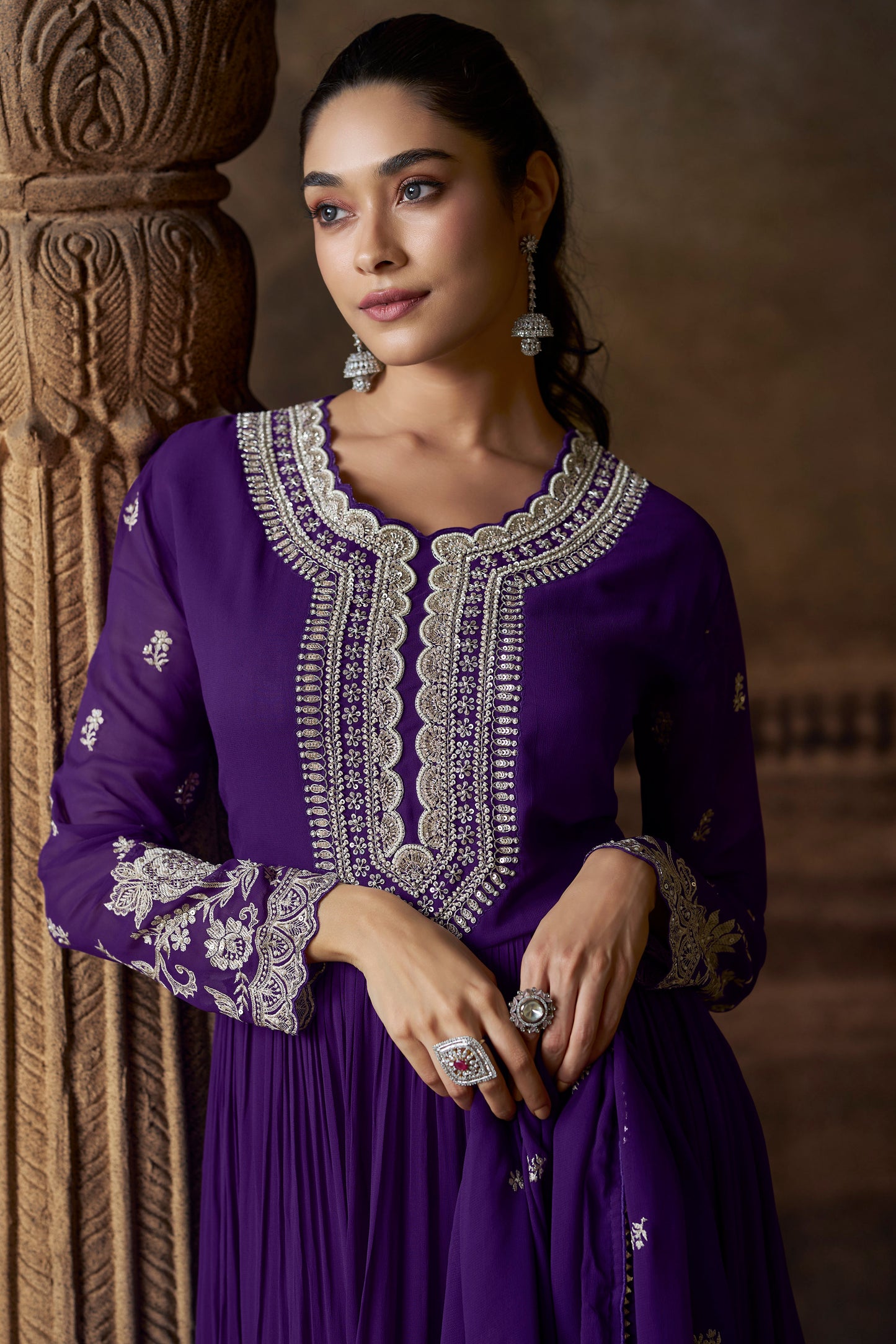 Royal Purple Silver Embroidered Anarkali Suit