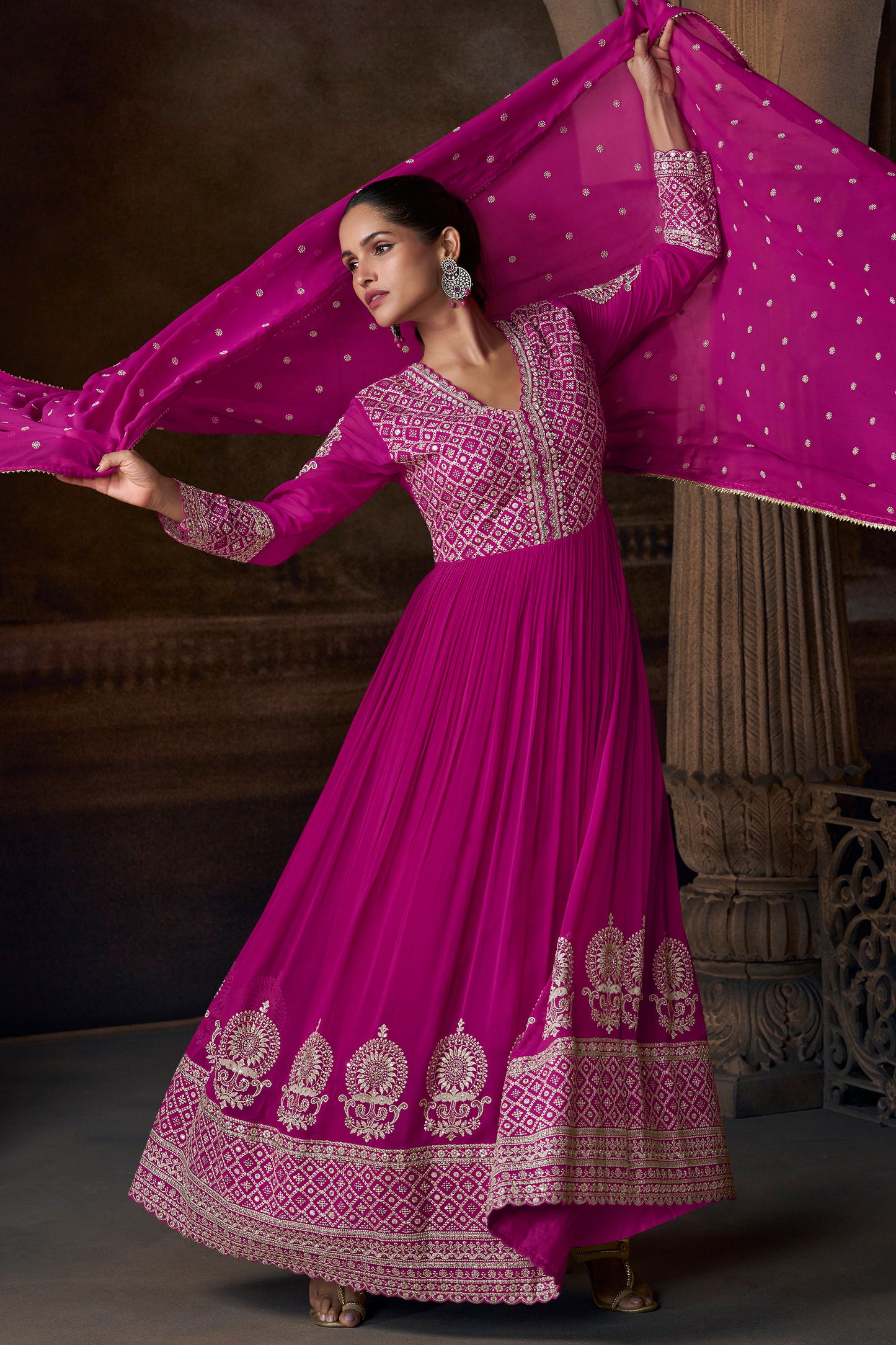 Magenta Embroidered Anarkali Suit Set