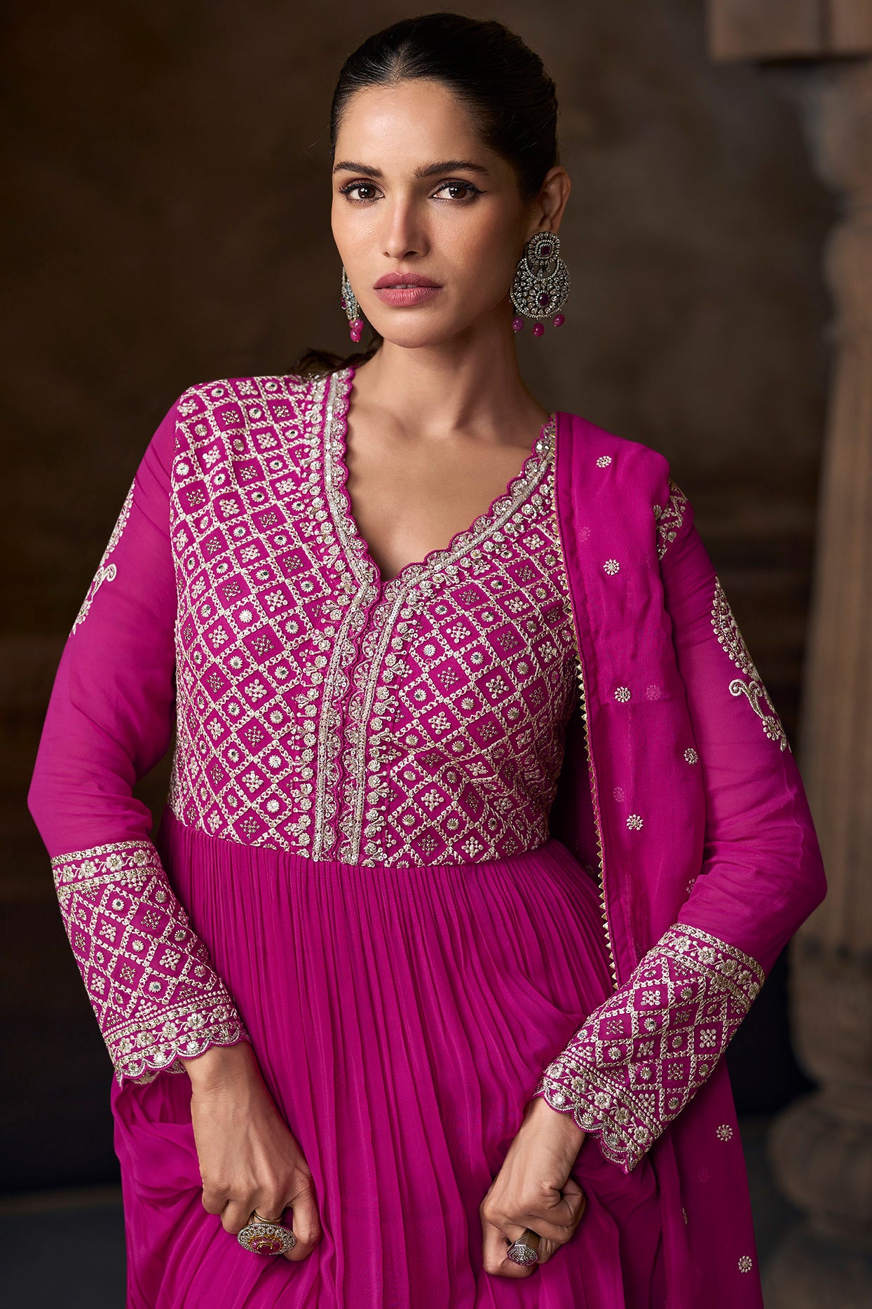 Magenta Embroidered Anarkali Suit Set