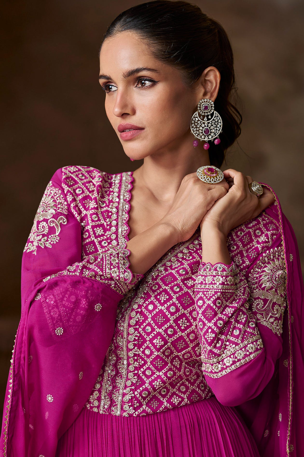 Magenta Embroidered Anarkali Suit Set