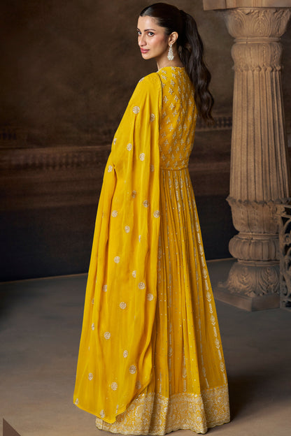 Yellow Gold Embroidered Anarkali Suit set