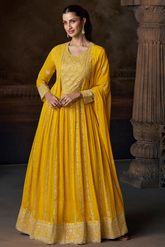 Yellow Gold Embroidered Anarkali Suit set
