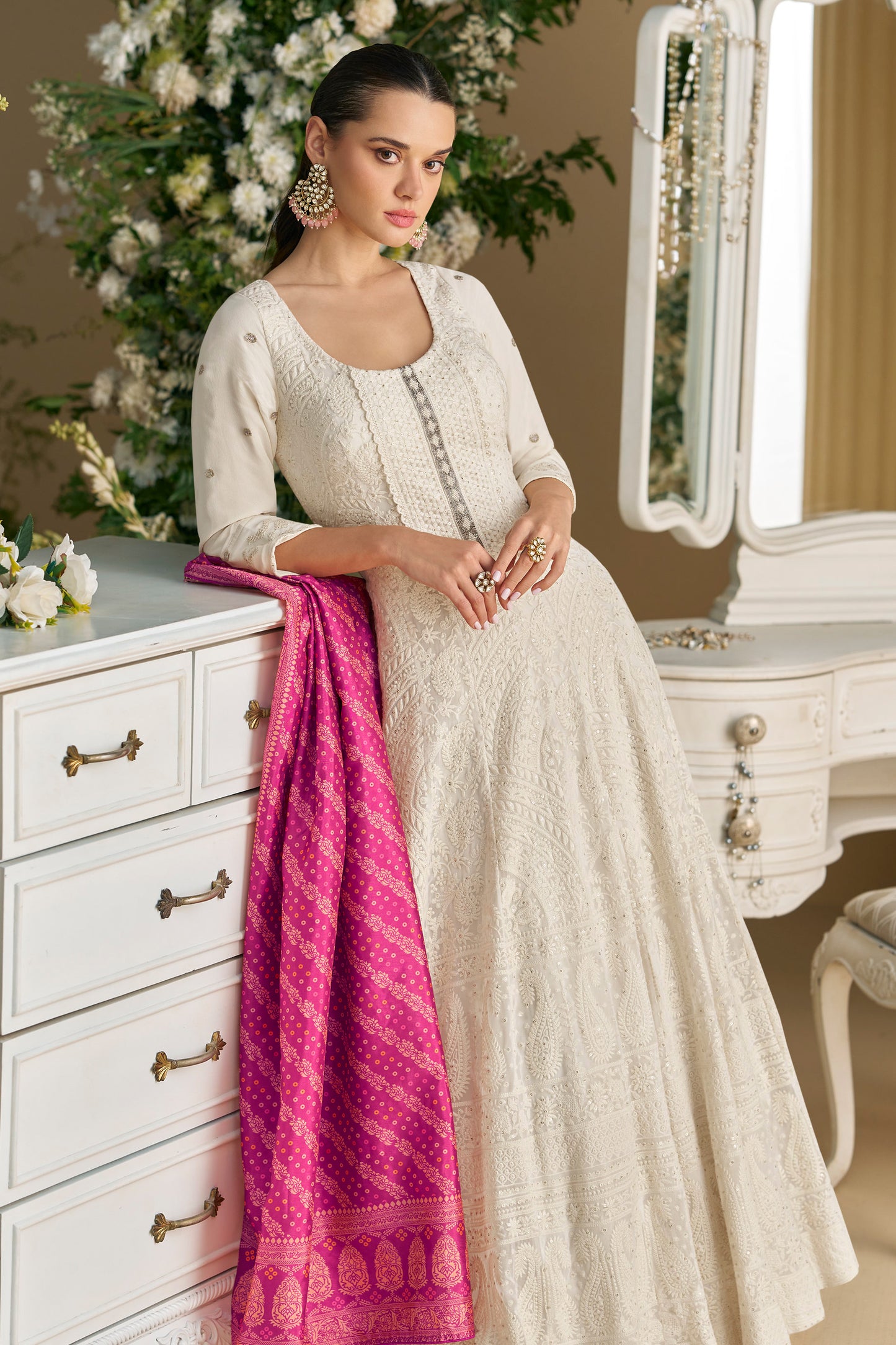 Ivory Anarkali Suit with Rani Pink Dupatta