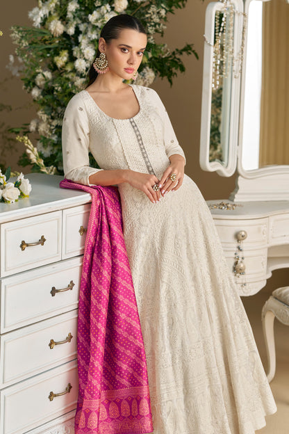 Ivory Anarkali Suit with Rani Pink Dupatta
