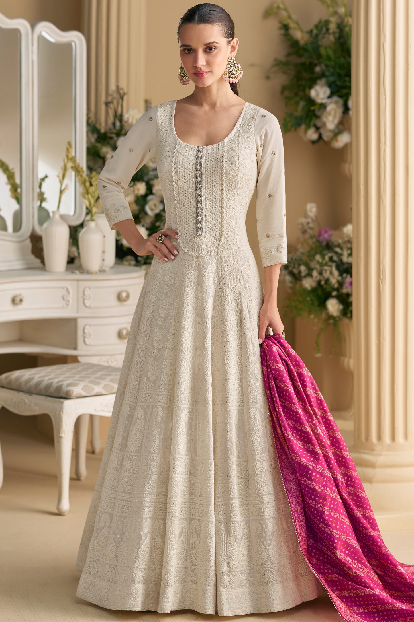 Ivory Anarkali Suit with Rani Pink Dupatta
