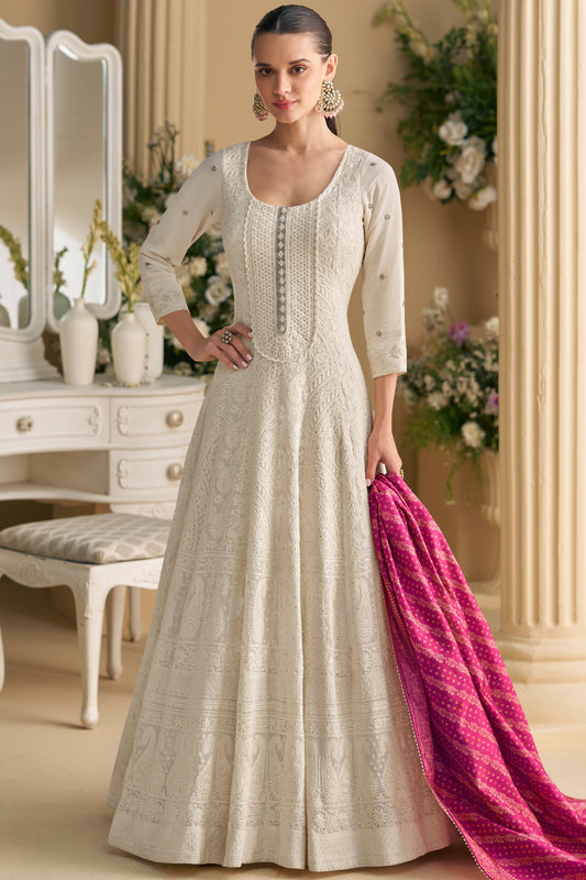 Ivory Anarkali Suit with Rani Pink Dupatta