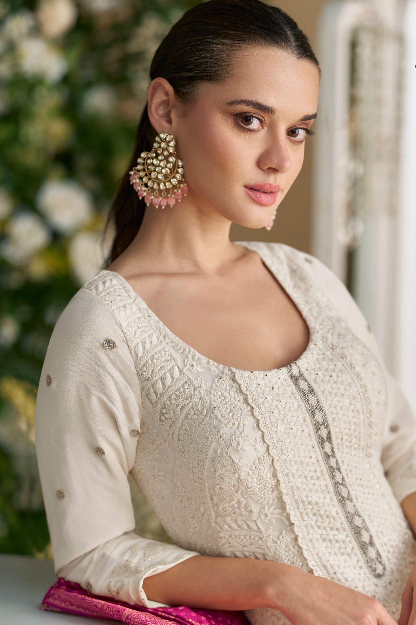 Ivory Anarkali Suit with Rani Pink Dupatta