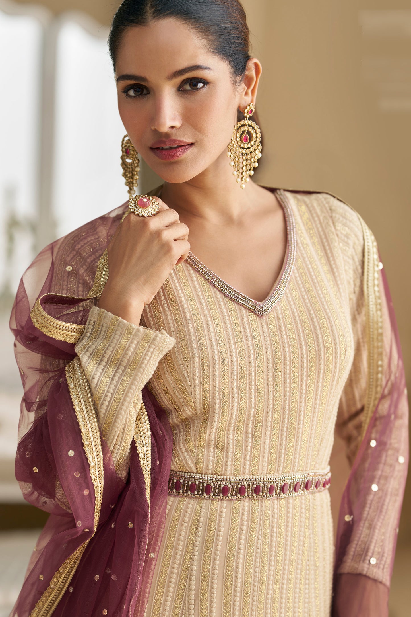 Beige Gold Embroidered Anarkali Suit with Wine Dupatta